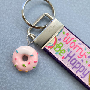 Donut Worry Be Happy on Sparkles Key Chain Fob Wristlet with Yummy Strawberry Donut Charm