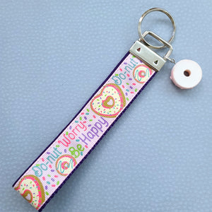 Donut Worry Be Happy on Sparkles Key Chain Fob Wristlet with Yummy Strawberry Donut Charm