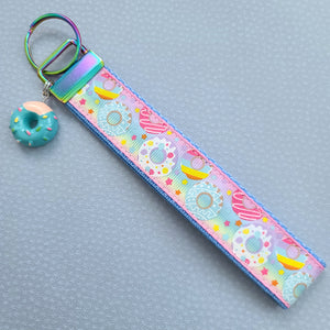 Donuts and Stars on Rainbow Key Chain Fob Wristlet with Yummy Donut Charm