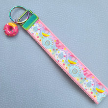 Load image into Gallery viewer, Donuts and Stars on Rainbow Key Chain Fob Wristlet with Yummy Donut Charm
