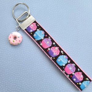 Cupcakes with Sparkles Key Chain Fob with Cute Donut with Sprinkles Charm