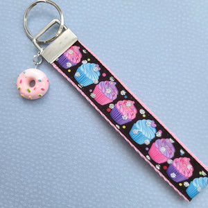 Cupcakes with Sparkles Key Chain Fob with Cute Donut with Sprinkles Charm