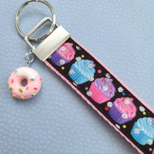 Load image into Gallery viewer, Cupcakes with Sparkles Key Chain Fob with Cute Donut with Sprinkles Charm
