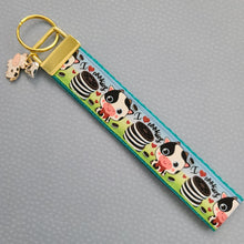 Load image into Gallery viewer, Cows with Glitter I Love Cookies Gold Key Chain Fob with Enameled Flower Charm
