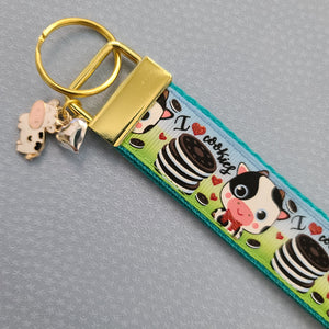 Cows with Glitter I Love Cookies Gold Key Chain Fob with Enameled Flower Charm