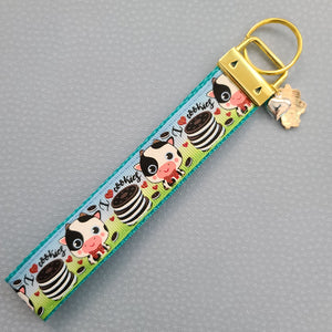 Cows with Glitter I Love Cookies Gold Key Chain Fob with Enameled Flower Charm