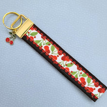 Load image into Gallery viewer, Cherries with Glitter on Gold Key Chain Fob with Enameled Cherry charm
