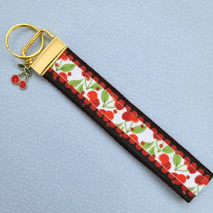 Cherries with Glitter on Gold Key Chain Fob with Enameled Cherry charm