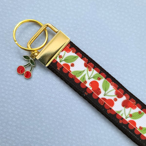 Cherries with Glitter on Gold Key Chain Fob with Enameled Cherry charm