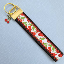 Load image into Gallery viewer, Cherries with Glitter on Gold Key Chain Fob with Enameled Cherry charm
