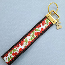 Load image into Gallery viewer, Cherries with Glitter on Gold Key Chain Fob with Enameled Cherry charm
