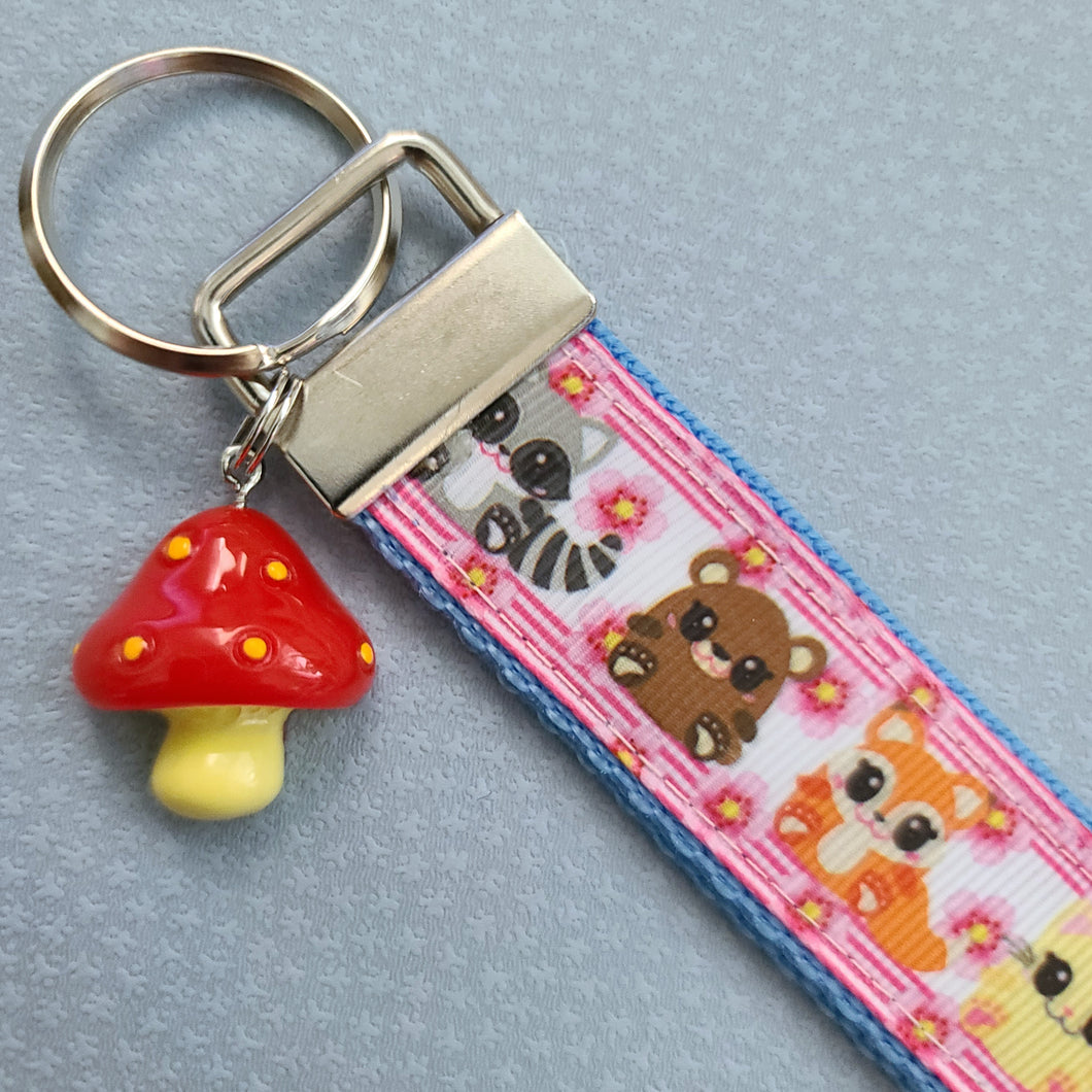 Anime Animals Cat, Bear, Squirrel, Racoon with Cherry Blossoms Silver Key Chain Fob with Key Charm