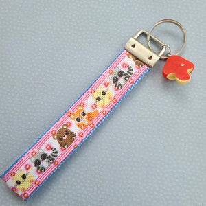 Anime Animals Cat, Bear, Squirrel, Racoon with Cherry Blossoms Silver Key Chain Fob with Key Charm