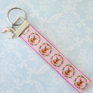 Bunny in a Wreath Rose Gold or Silver Key Chain Fob with Rose Charm