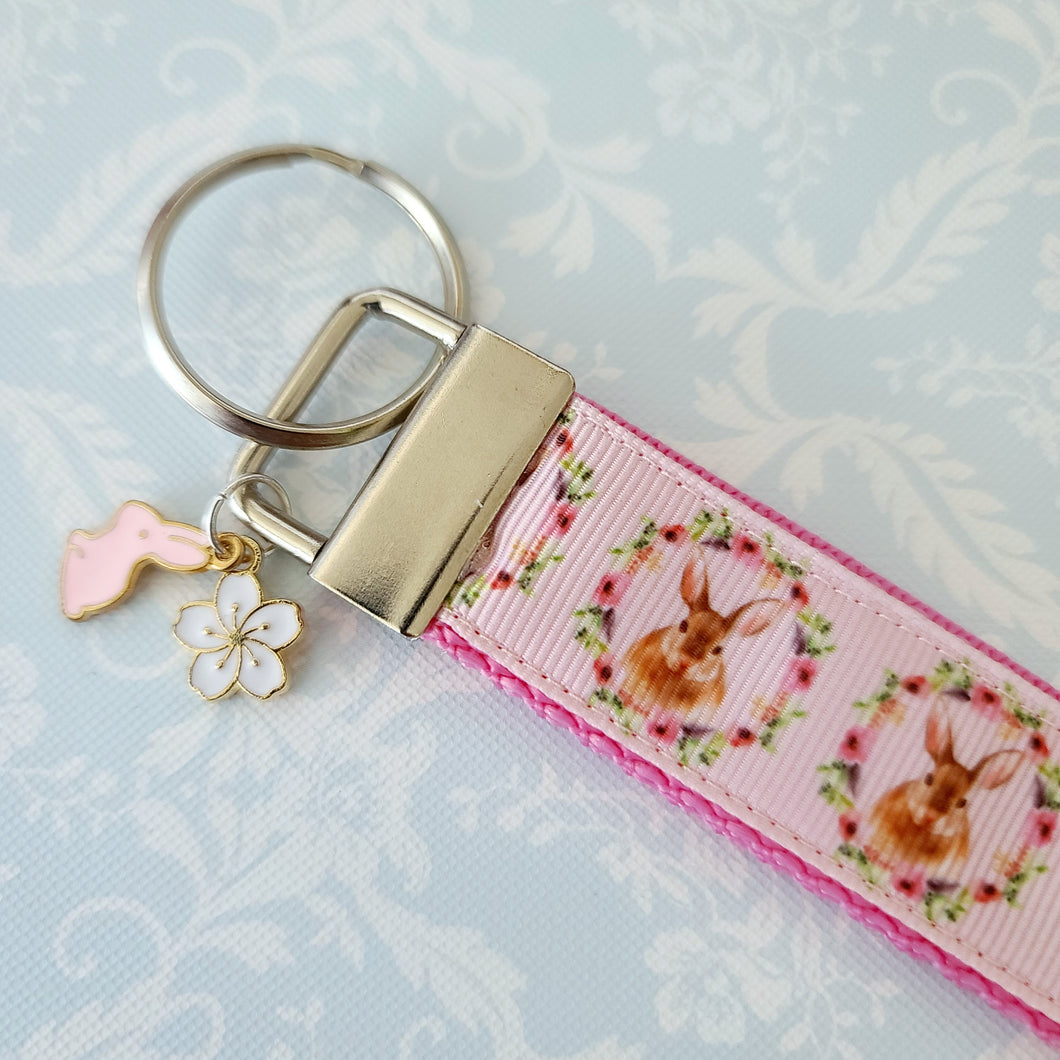 Bunny in a Wreath Rose Gold or Silver Key Chain Fob with Rose Charm