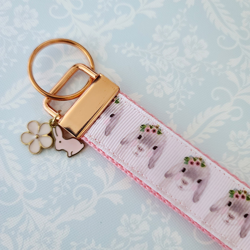 Bunny in Watercolor Rose Gold Chain Fob with Rose Charm
