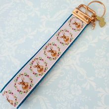 Load image into Gallery viewer, Bunny in a Wreath Rose Gold or Silver Key Chain Fob with Rose Charm
