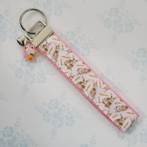 Bunnies with Carrots on White Key Fob Wristlet on Silver or Rainbow
