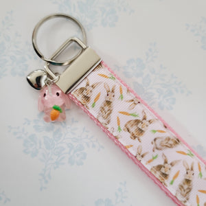 Bunnies with Carrots on White Key Fob Wristlet on Silver or Rainbow