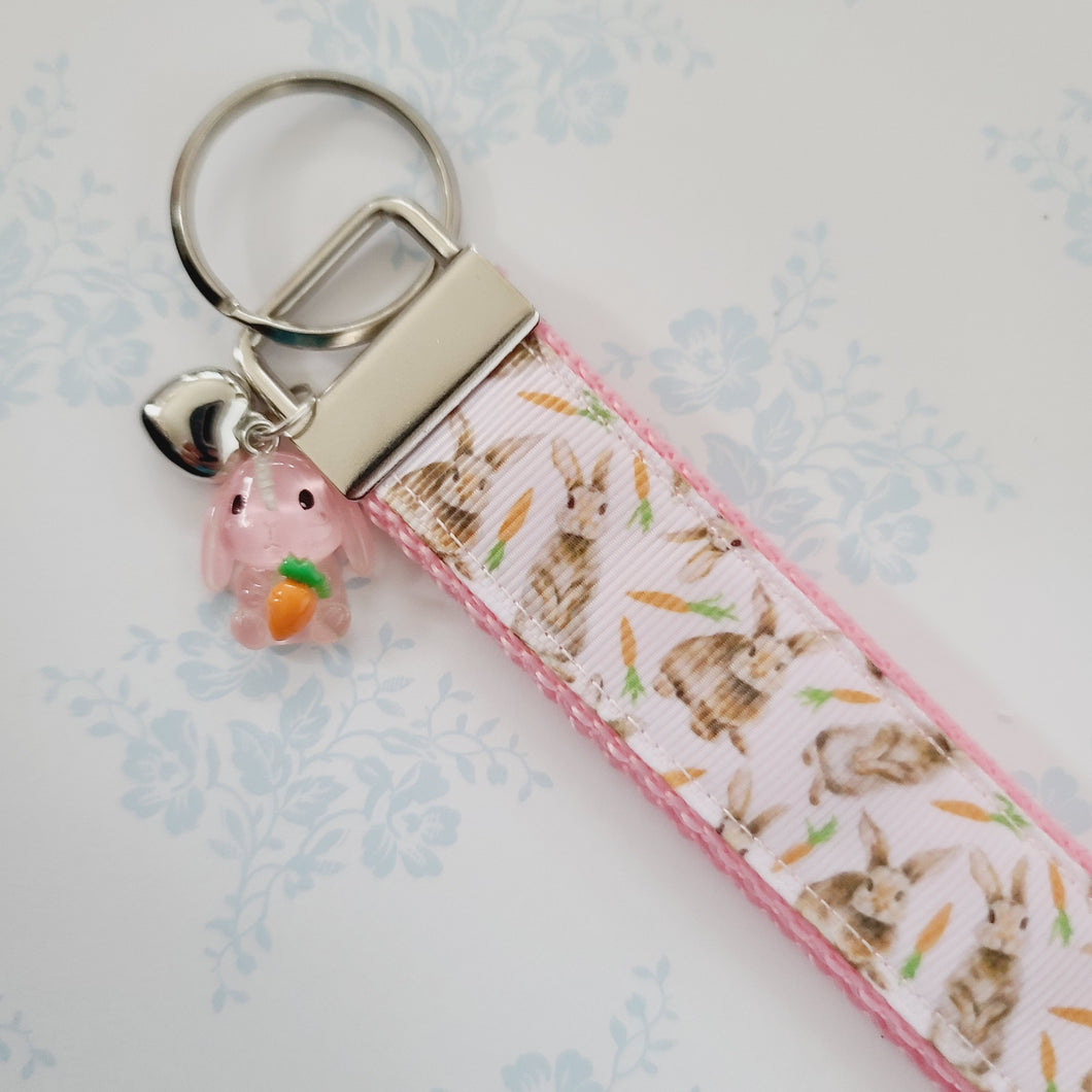 Bunnies with Carrots on White Key Fob Wristlet on Silver or Rainbow