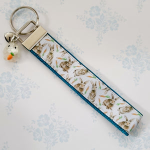 Bunnies with Carrots on White Key Fob Wristlet on Silver or Rainbow