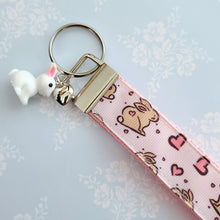 Load image into Gallery viewer, Bunnies with Hearts on Silver Key Chain Fob with Rose Charm
