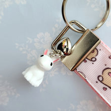 Load image into Gallery viewer, Bunnies with Hearts on Silver Key Chain Fob with Rose Charm
