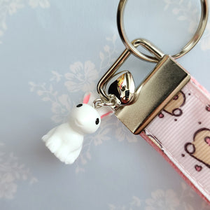 Bunnies with Hearts on Silver Key Chain Fob with Rose Charm
