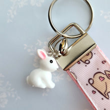 Load image into Gallery viewer, Bunnies with Hearts on Silver Key Chain Fob with Rose Charm
