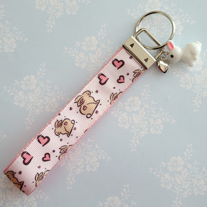 Bunnies with Hearts on Silver Key Chain Fob with Rose Charm