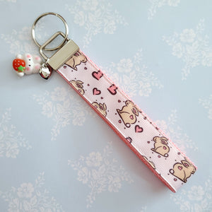 Bunnies with Hearts on Silver Key Chain Fob with Rose Charm