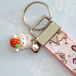 Bunnies with Hearts on Silver Key Chain Fob with Rose Charm