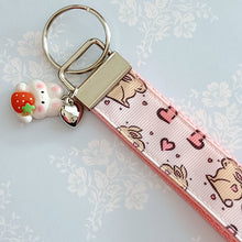 Load image into Gallery viewer, Bunnies with Hearts on Silver Key Chain Fob with Rose Charm
