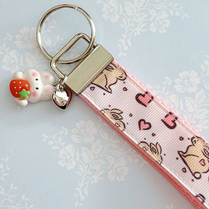 Bunnies with Hearts on Silver Key Chain Fob with Rose Charm