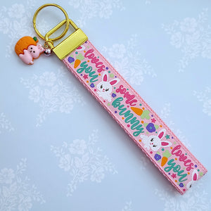 Bunnies with Glittery Faces on Pink Key Chain Fob with Yellow Gold Clasp and Cute Enameled Bunny Charm