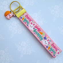 Load image into Gallery viewer, Bunny Loves You with Glitter Flowers &amp; Carrots on Gold Key Chain Fob includes Enameled Bunny Charm
