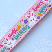 Load image into Gallery viewer, Some Bunny Loves You with Glitter Flowers &amp; Carrots on Gold Key Chain Fob includes Enameled Bunny Charm
