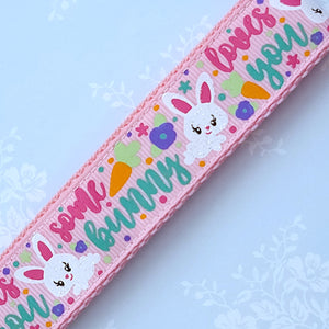 Some Bunny Loves You with Glitter Flowers & Carrots on Gold Key Chain Fob includes Enameled Bunny Charm