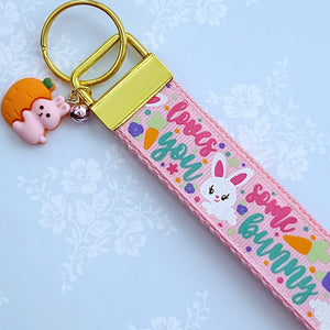 Bunny Loves You with Glitter Flowers & Carrots on Gold Key Chain Fob includes Enameled Bunny Charm