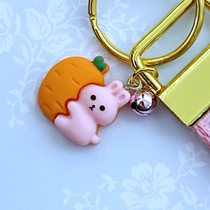 Some Bunny Loves You with Glitter Flowers & Carrots on Gold Key Chain Fob includes Enameled Bunny Charm