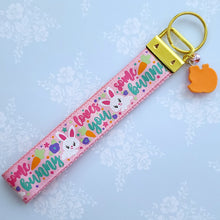 Load image into Gallery viewer, Bunny Loves You with Glitter Flowers &amp; Carrots on Gold Key Chain Fob includes Enameled Bunny Charm
