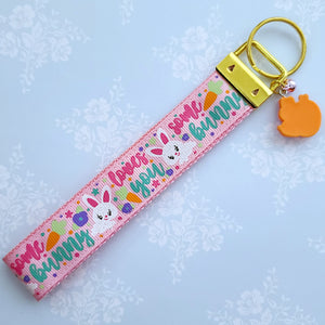 Some Bunny Loves You with Glitter Flowers & Carrots on Gold Key Chain Fob includes Enameled Bunny Charm