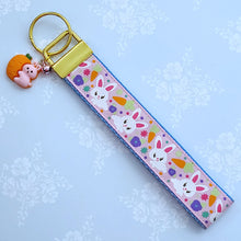 Load image into Gallery viewer, Bunny Flowers &amp; Carrots Glittery Key Chain Fob on Gold with Bunny Charm
