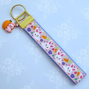 Bunny Flowers & Carrots Glittery Key Chain Fob on Gold with Bunny Charm