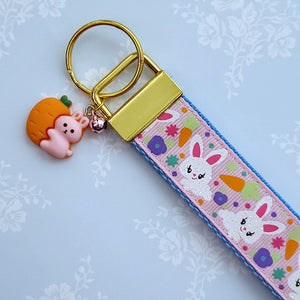 Bunny Flowers & Carrots Glittery Key Chain Fob on Gold with Bunny Charm
