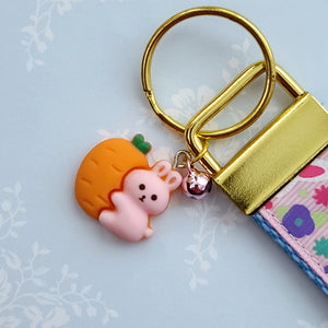 Bunny Flowers & Carrots Glittery Key Chain Fob on Gold with Bunny Charm