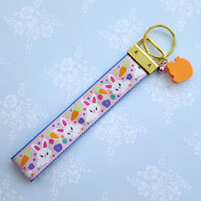 Load image into Gallery viewer, Bunny Flowers &amp; Carrots Glittery Key Chain Fob on Gold with Bunny Charm
