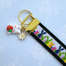 Load image into Gallery viewer, Bunnies Multi Color on Gold Key Chain Fob with Cute Enameled Bunny Charm
