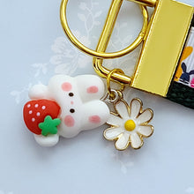 Load image into Gallery viewer, Bunnies Multi Color on Gold Key Chain Fob with Cute Enameled Bunny Charm
