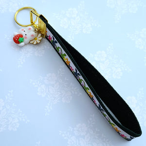 Bunnies Multi Color on Gold Key Chain Fob with Cute Enameled Bunny Charm